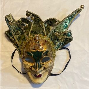 Intricate Green and Gold Masquerade Jester Mask